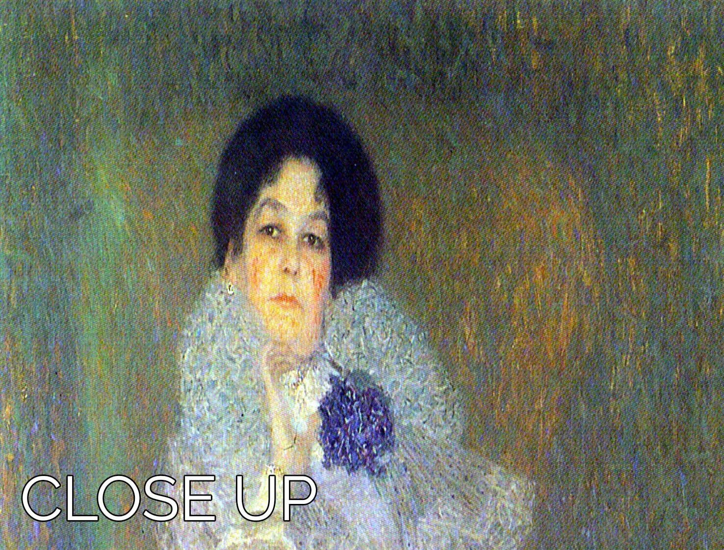 Three-panel canvas art featuring Gustav Klimt's Portrait of Marie Henneberg in vibrant purple hues, elegantly displayed.